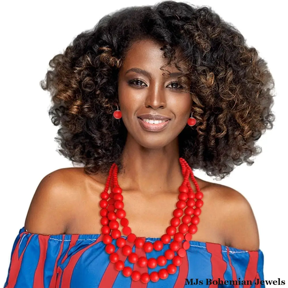 Red Round Wood Bead 3 Strand Necklace