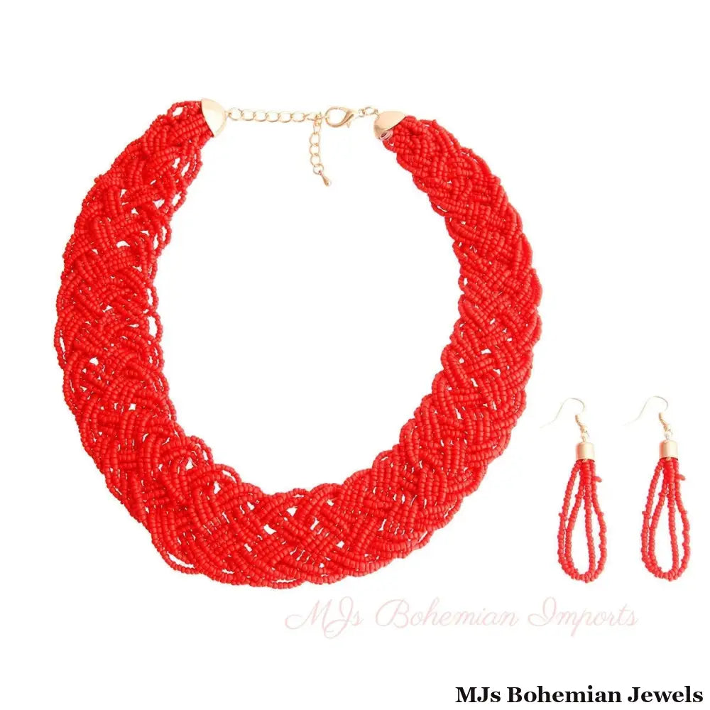Red Seed Bead Braided Collar Set