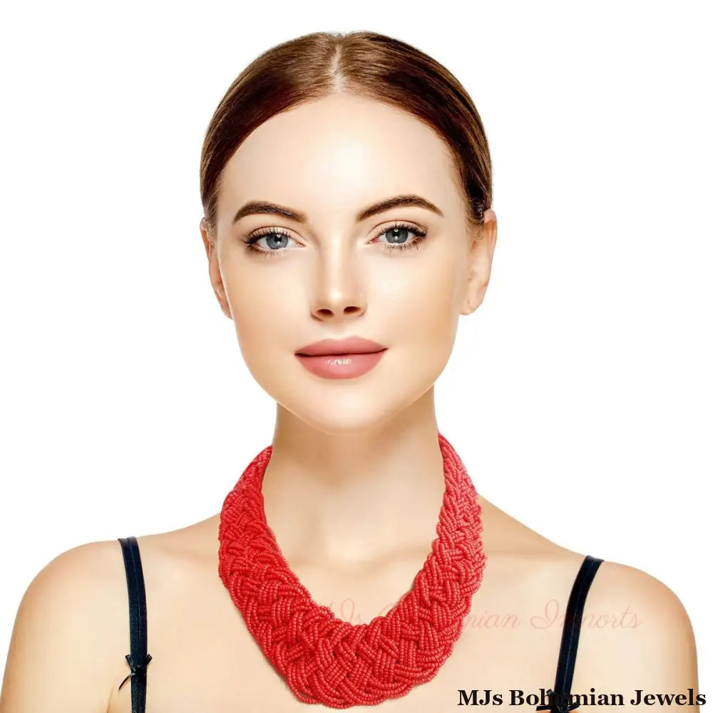 Red Seed Bead Braided Collar Set