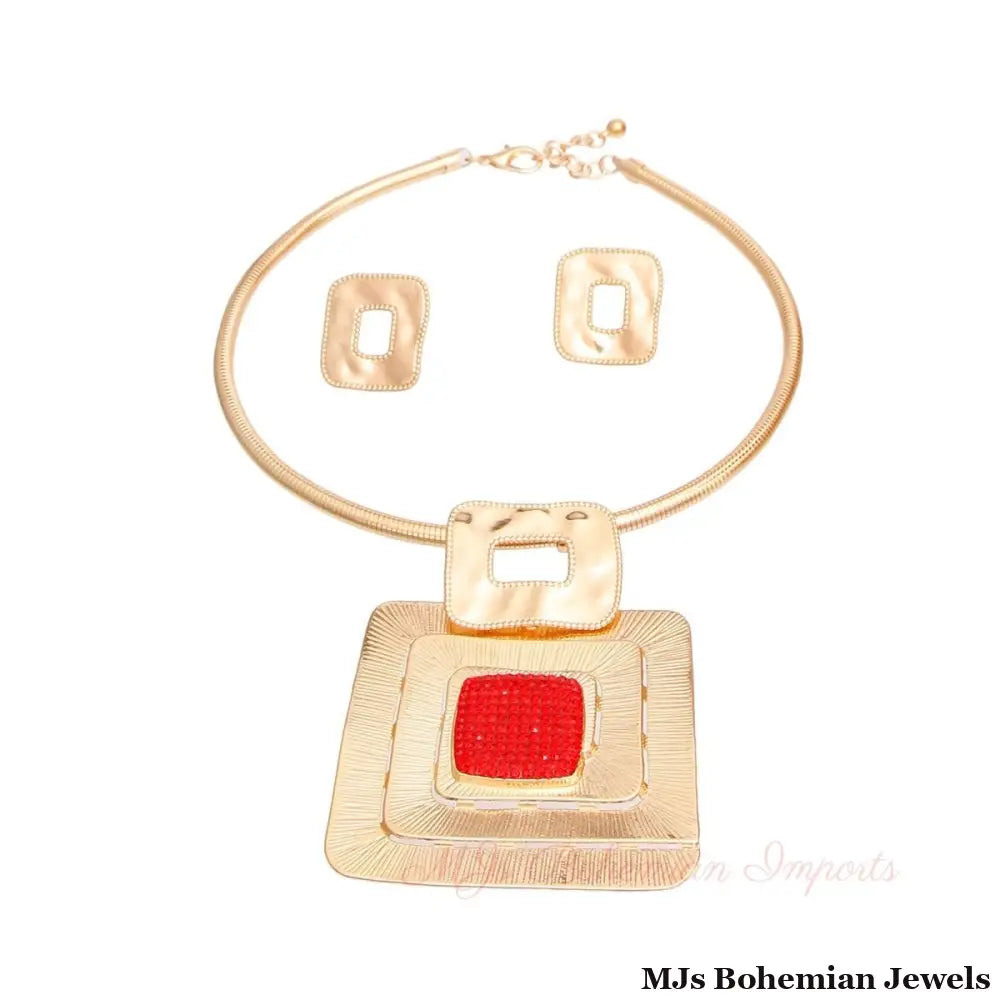 Red Square Rhinestone Pendant Set