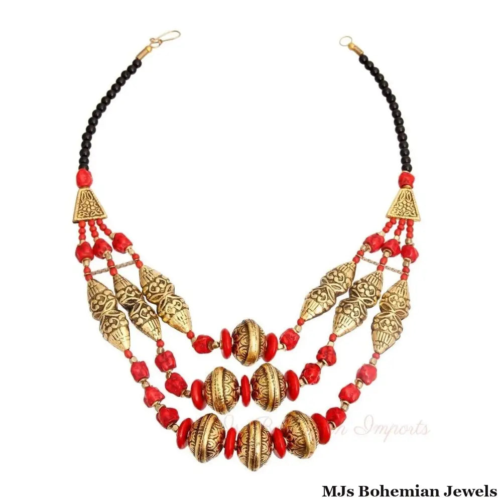 Red Stone Engraved Gold Necklace