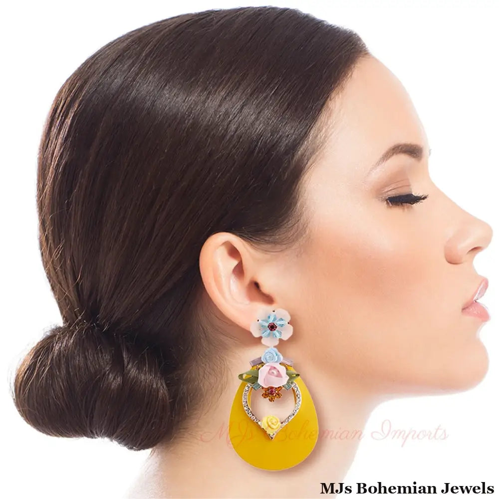 Red Teardrop Earrings - Rhinestone & Flower