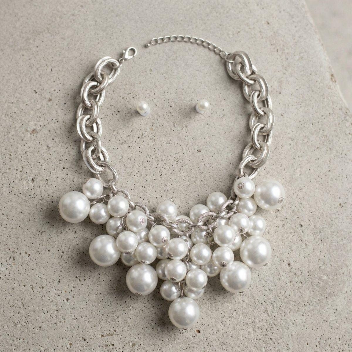 White Pearl Cluster Opulent Chunky Bib Necklace