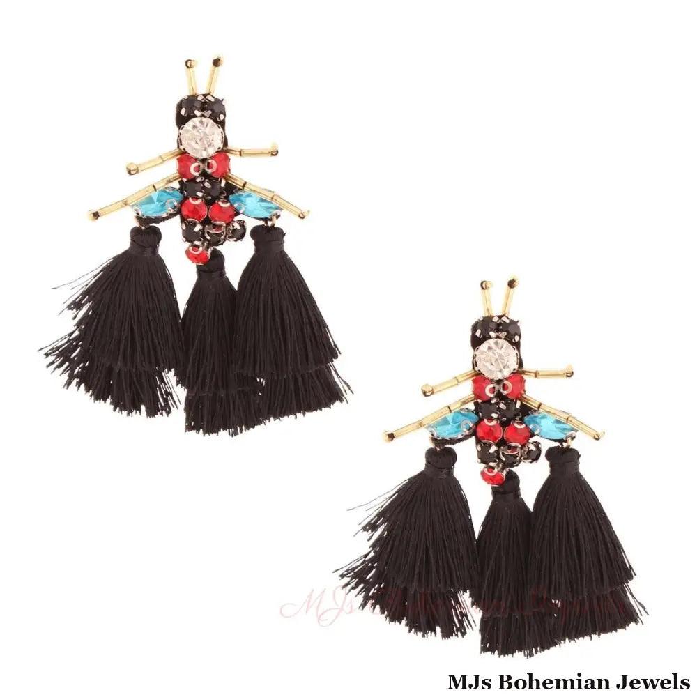 Rhinestone and Tassel Black Bee Earrings