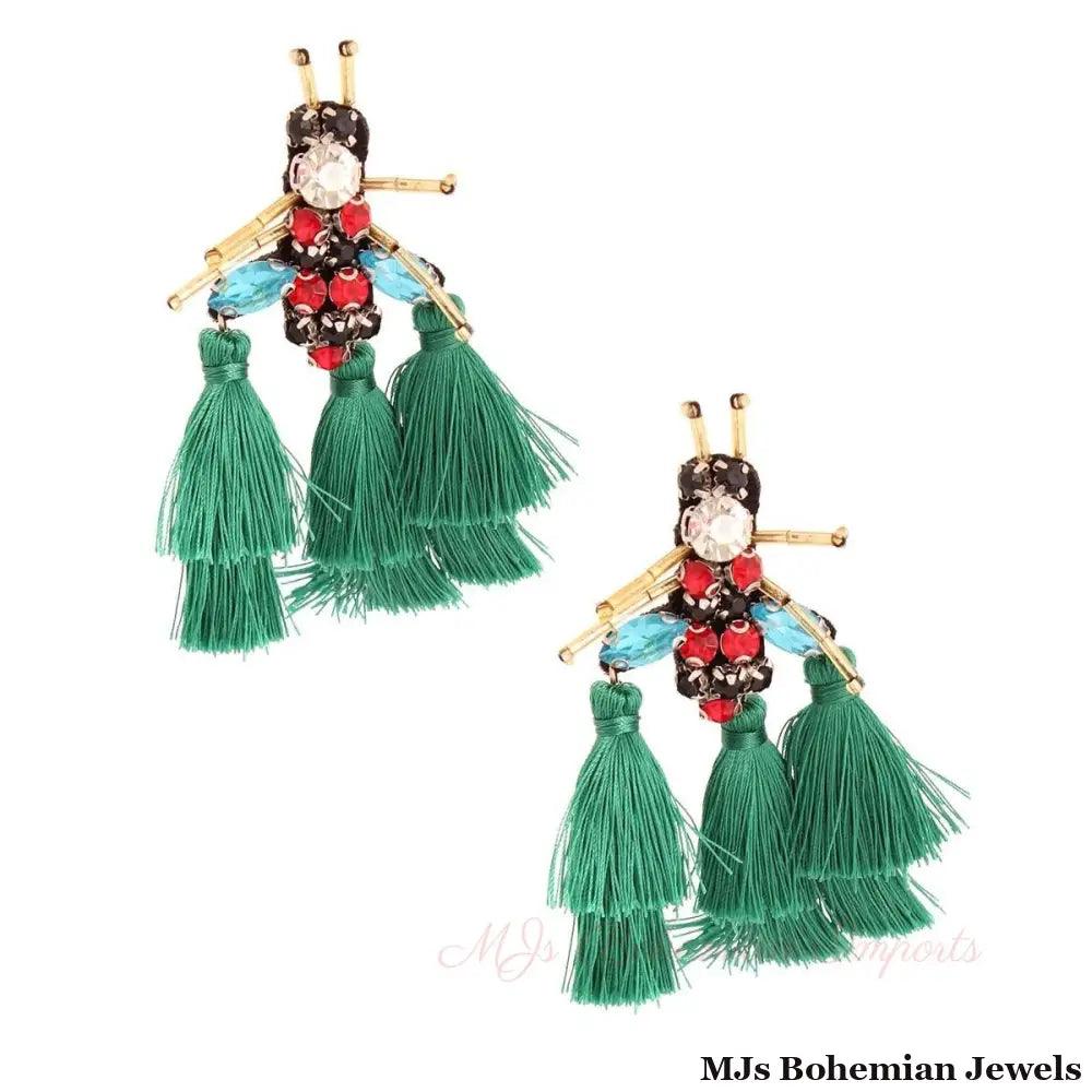 Rhinestone and Tassel Green Bee Earrings