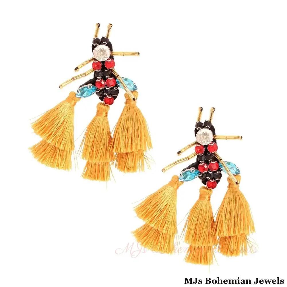 Rhinestone and Tassel Mustard Bee Earrings