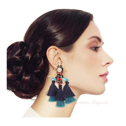 Rhinestone and Tassel Navy Bee Earrings