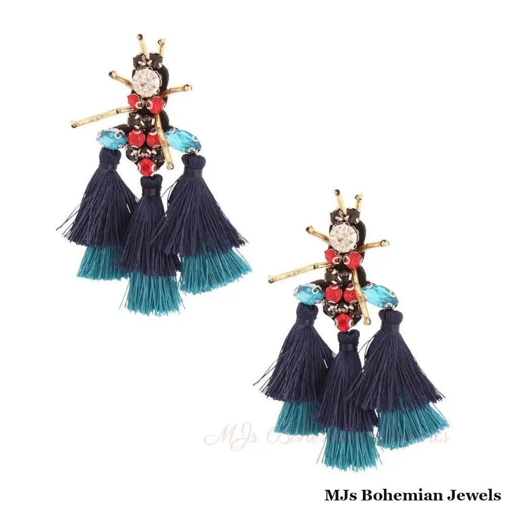 Rhinestone and Tassel Navy Bee Earrings