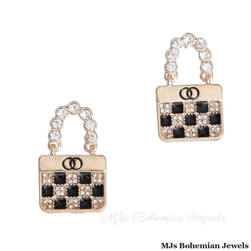 Rhinestone Handle Checker Handbag Earrings