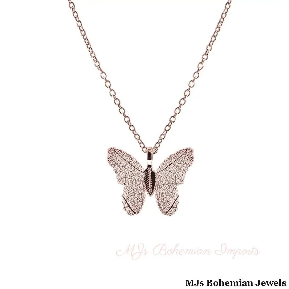 Rose Gold Dipped Real Leaf Butterfly Necklace