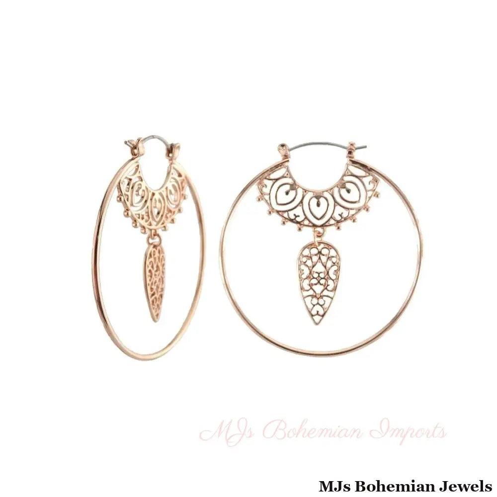 Rose Gold Filigree Dangle Hoops