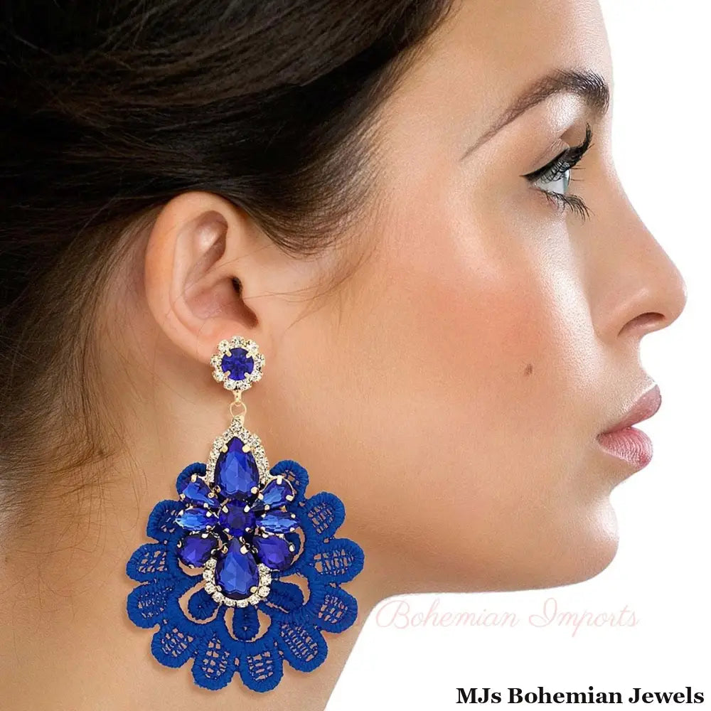 Royal Blue Fabric Lace Crystal Earrings