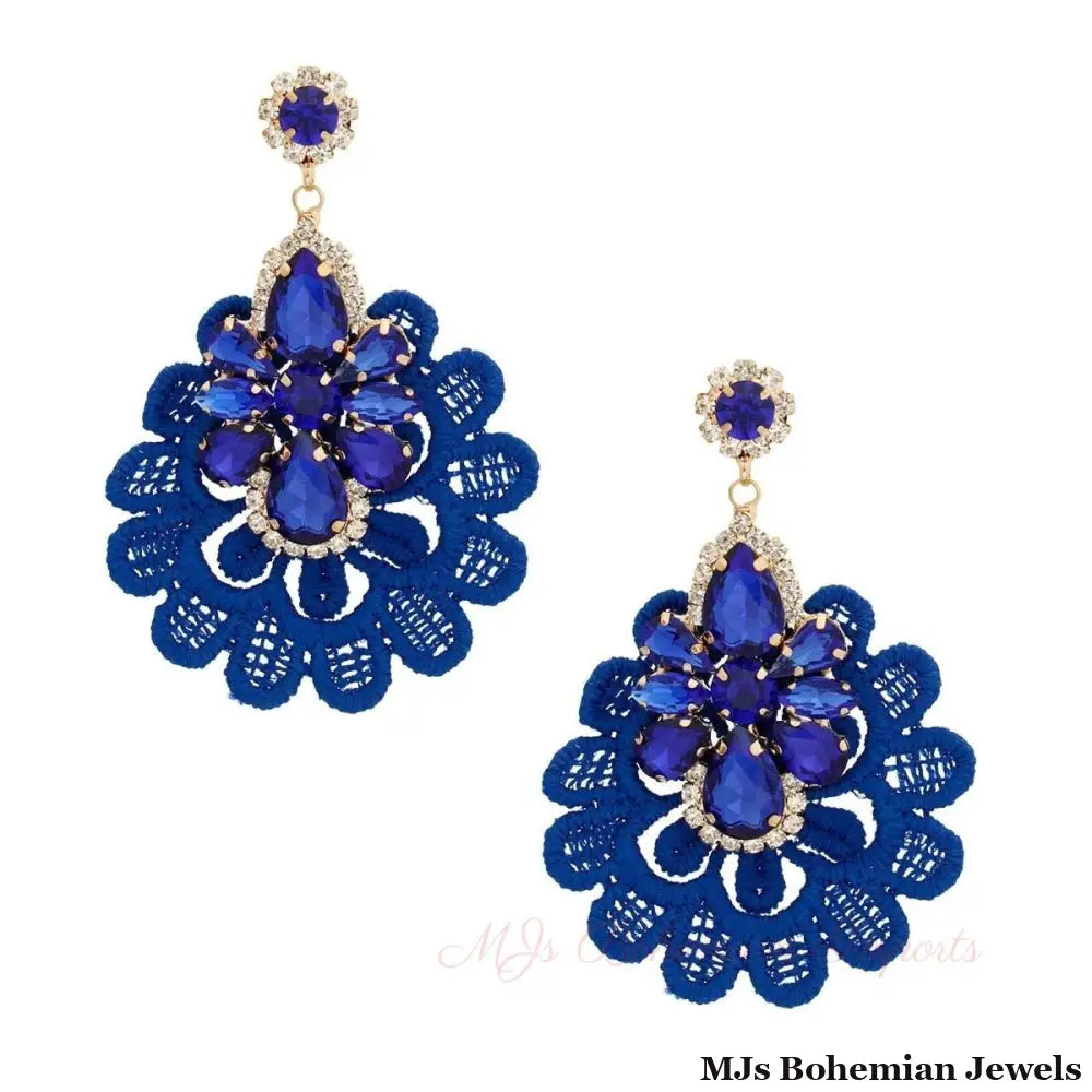 Royal Blue Fabric Lace Crystal Earrings