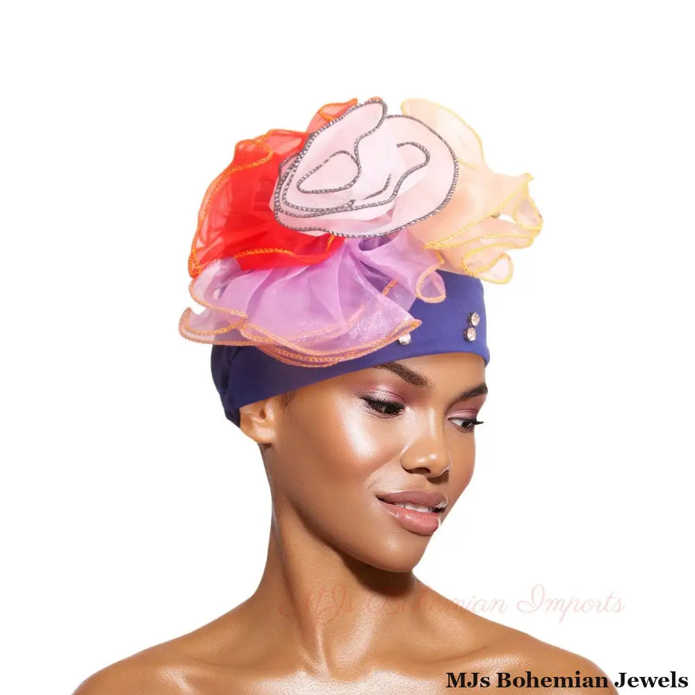 Royal Blue Pleated Ruffle Rhinestone Turban