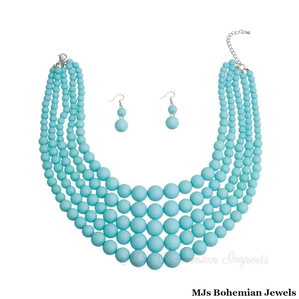 Sea Blue Bead 5 Strand Necklace