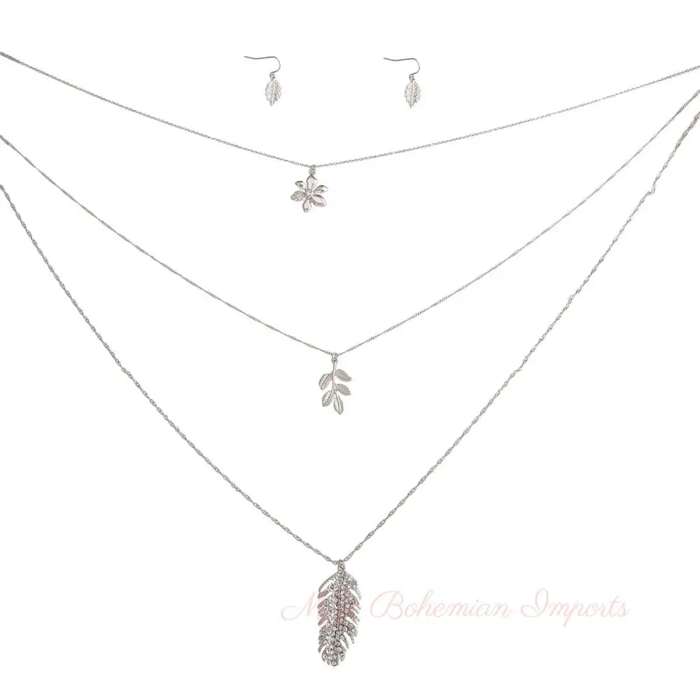 Silver 3 Layer Chain Leaf Necklace