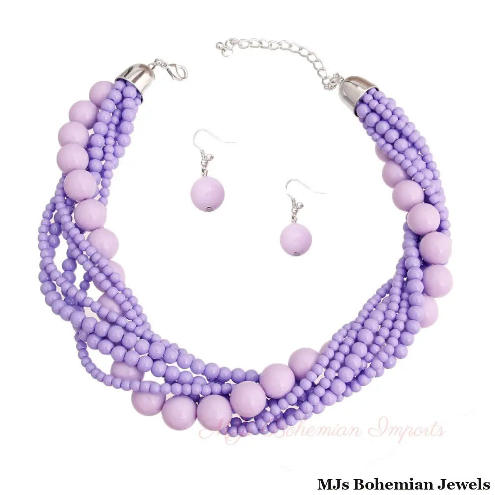Silver and Lavender Bead Twisted Necklace Set