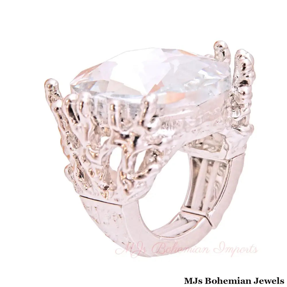 Silver Crystal Branch Ring