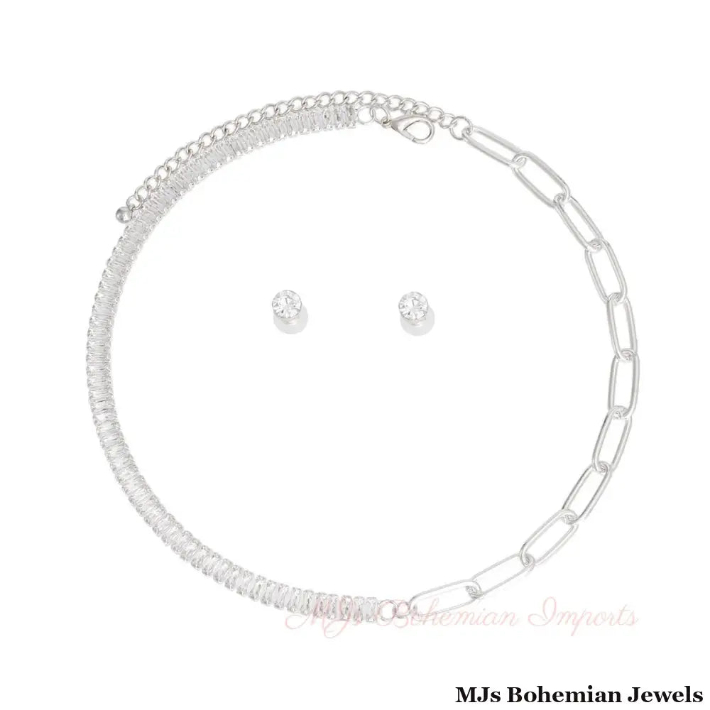 Silver CZ Mixed Link Necklace