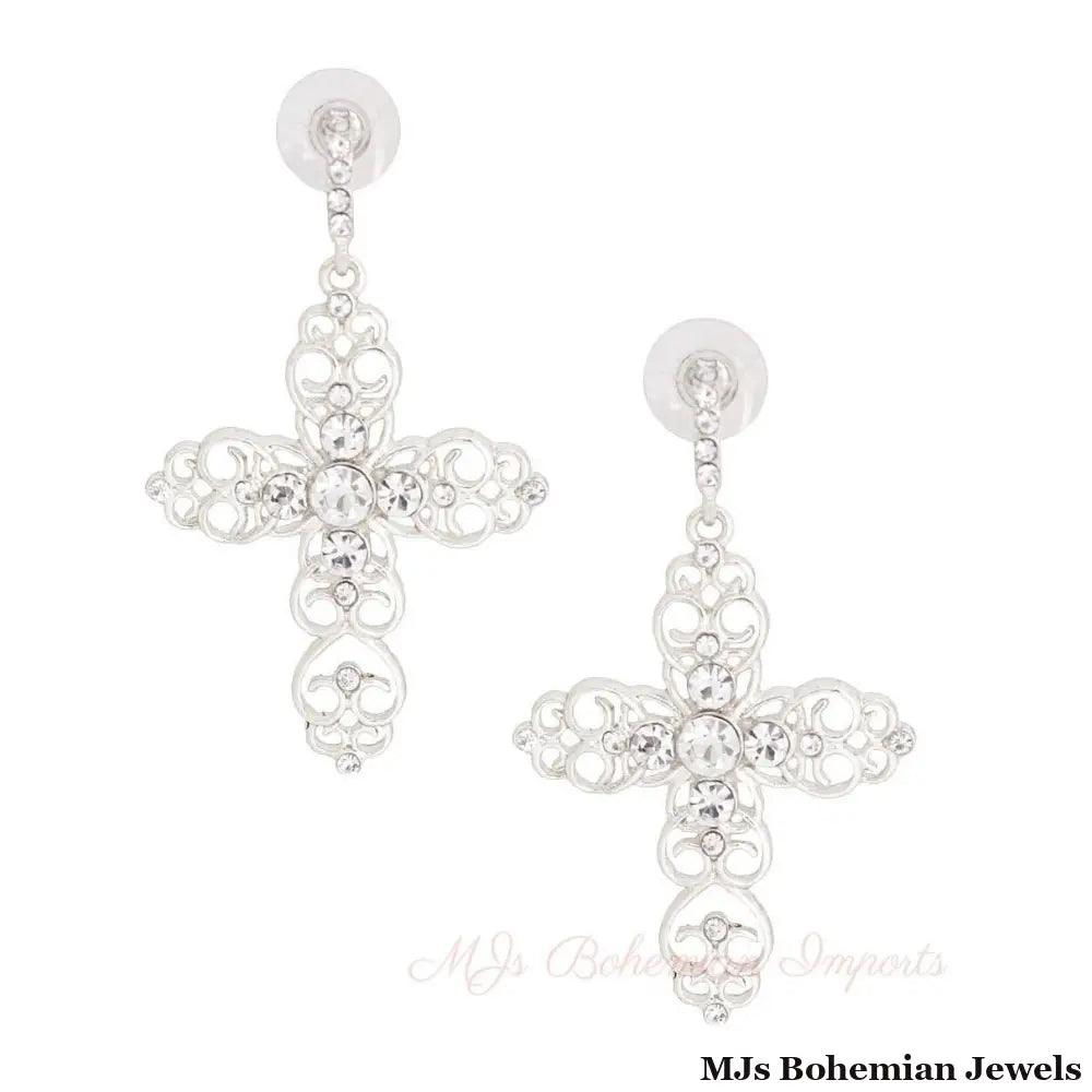 Silver Filigree Cross Earrings