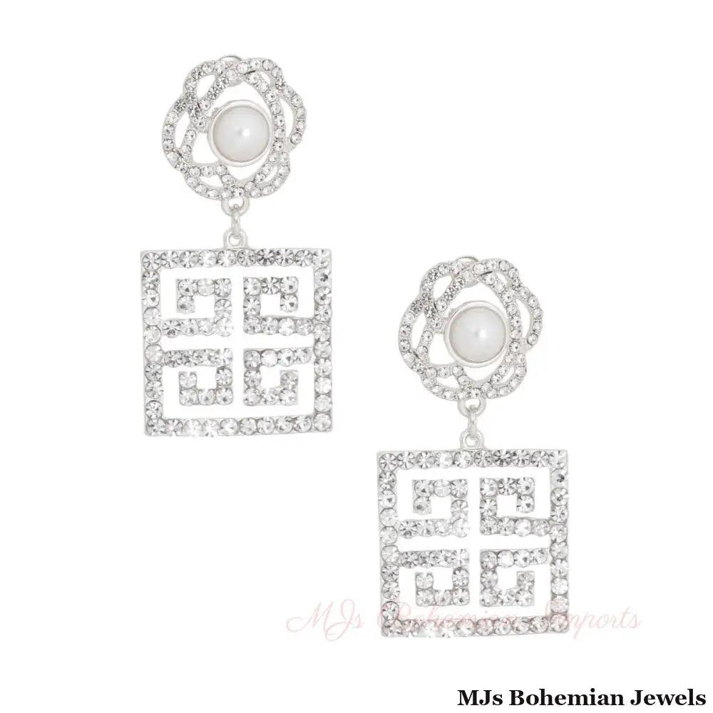 Silver Flower Square Greek Key Earrings