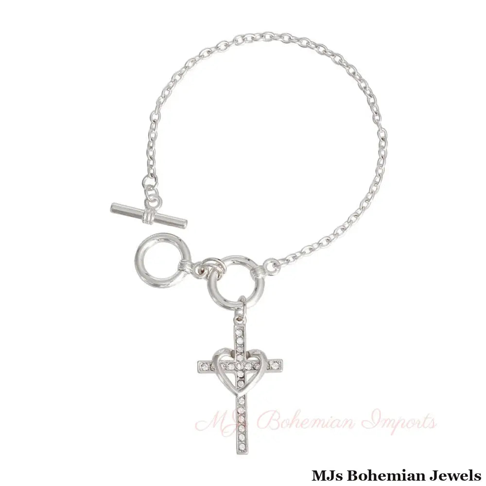 Silver Heart Cross Bracelet