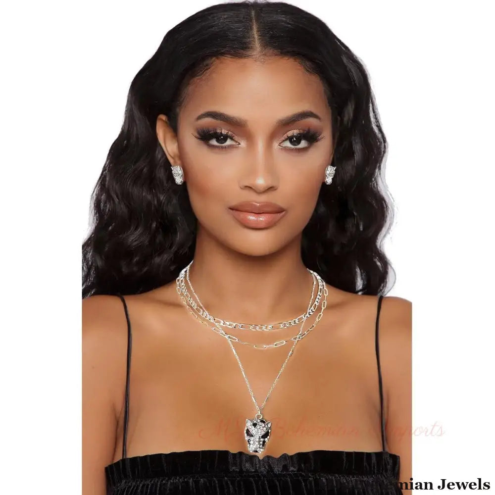 Silver Leopard Layered Chain Necklace