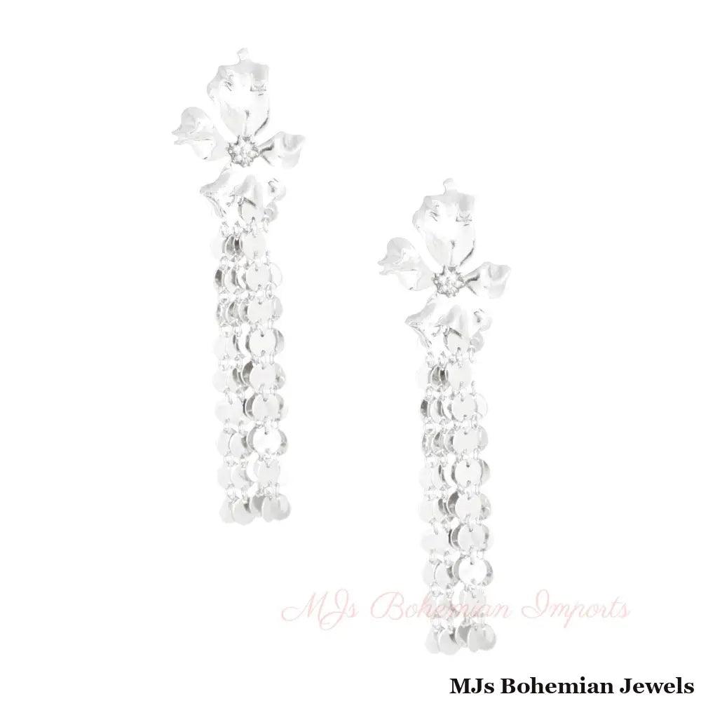 Silver Metal Fringe Flower Earrings