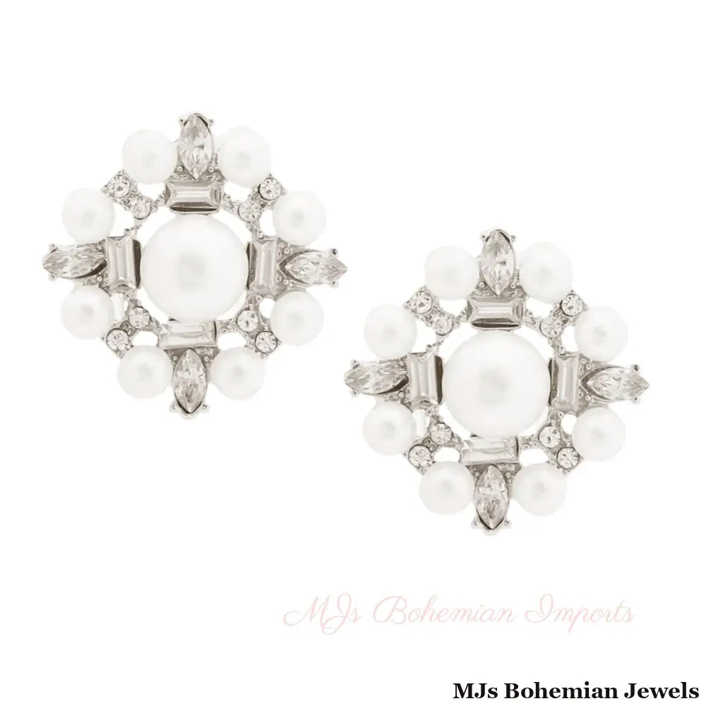 Silver Pearl Baguette Studs