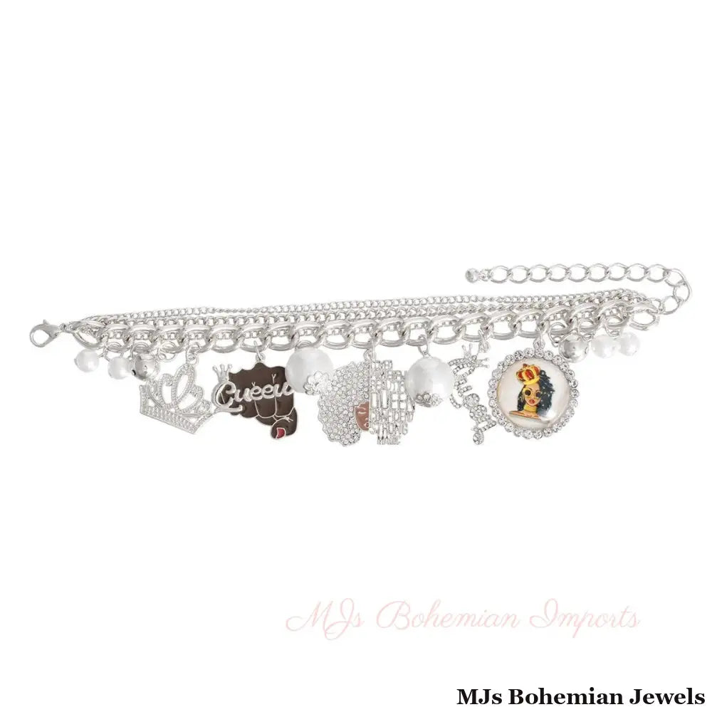 Silver Queen Afro Charm Bracelet