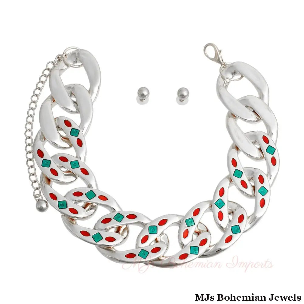 Silver Red Green Detail Chain Set