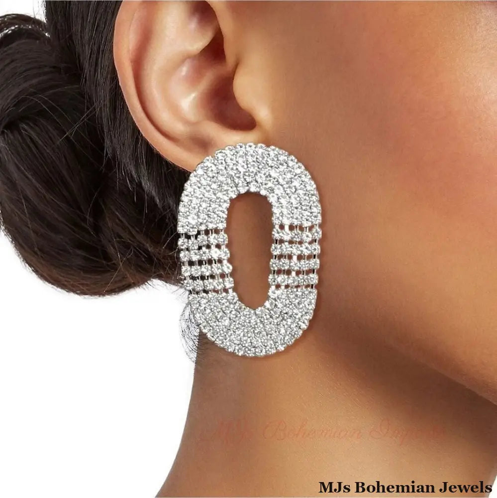 Silver Rhinestone 5 Line Oval Earrings