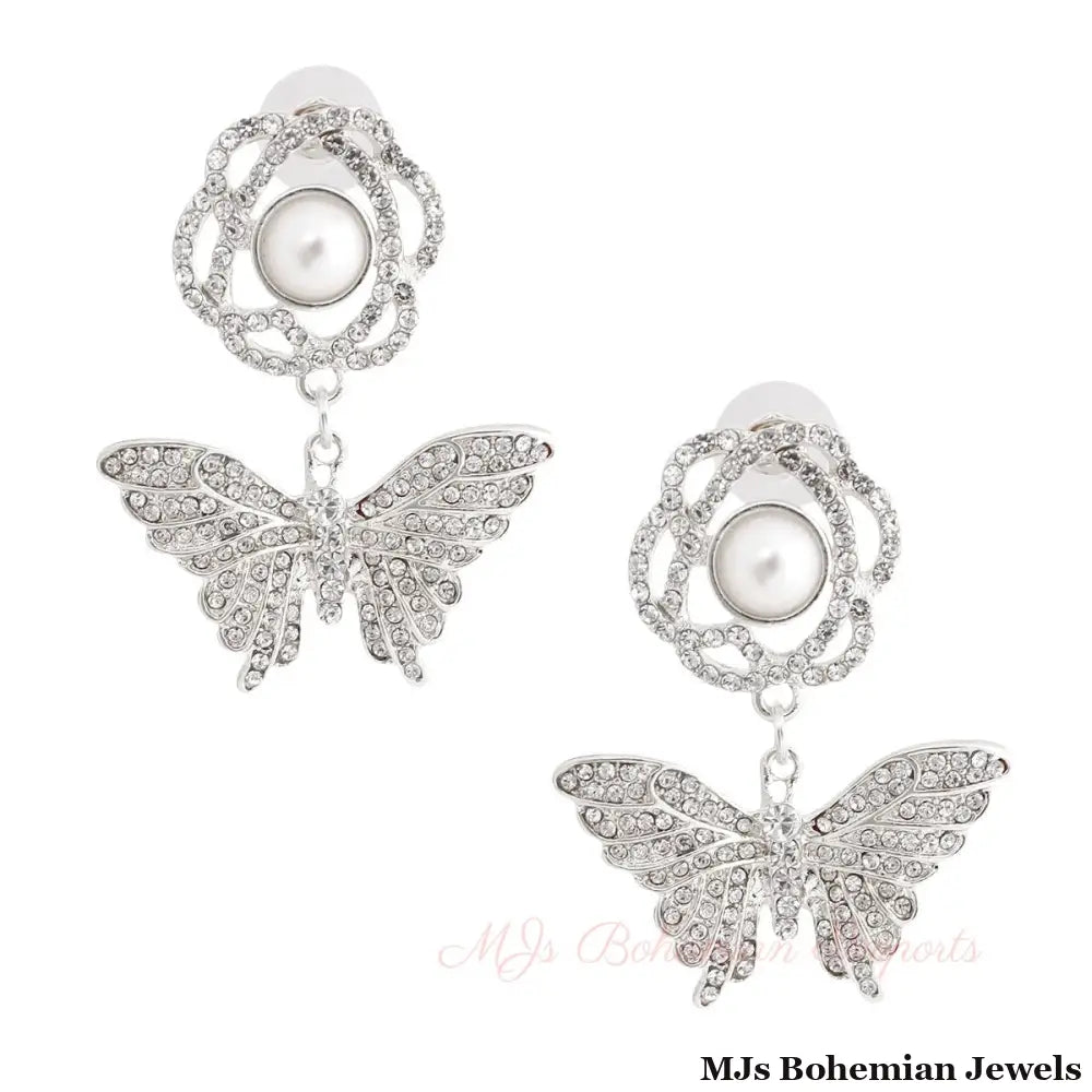 Silver Rose Butterfly Rhinestone Earrings