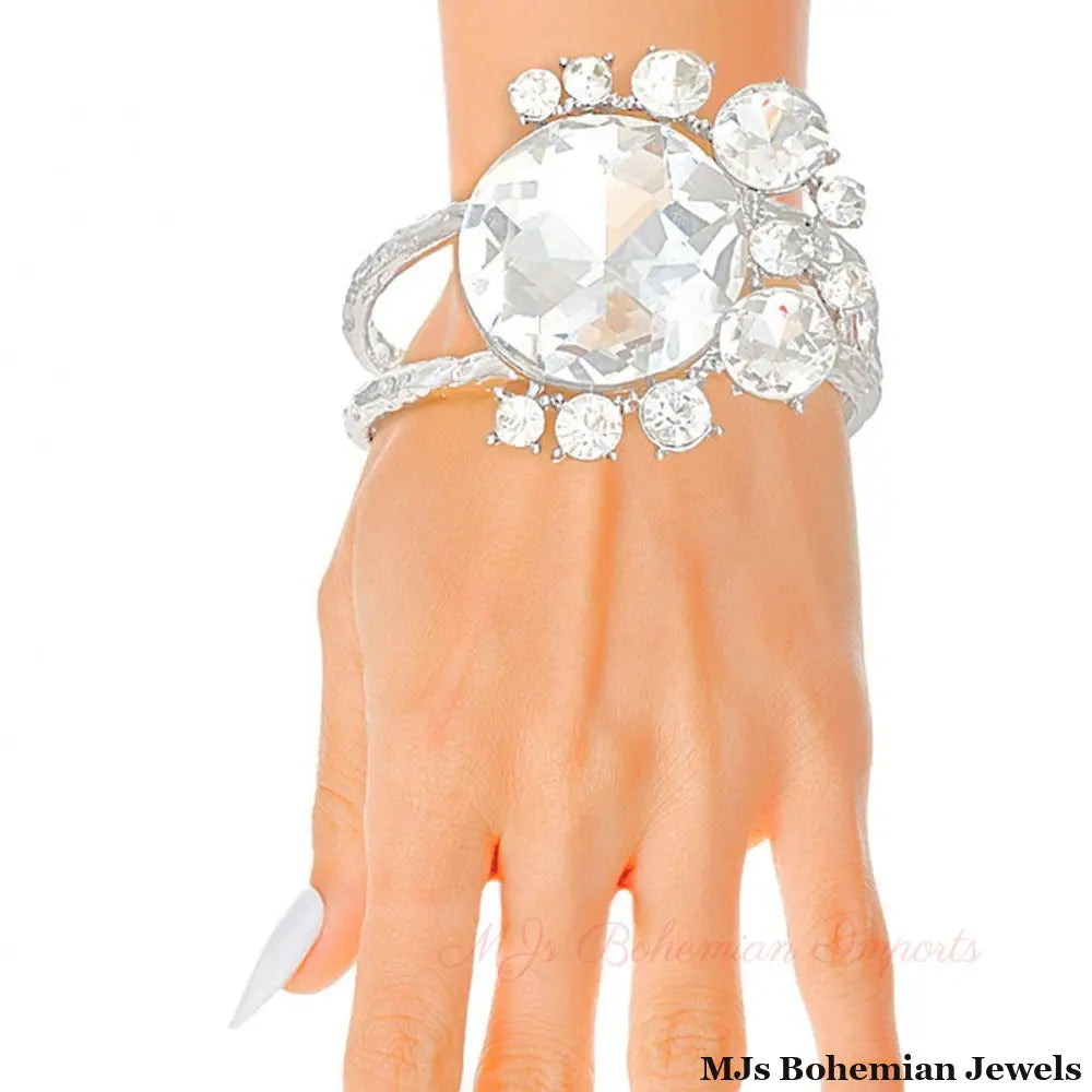 Silver Round Crystals Hinge Cuff