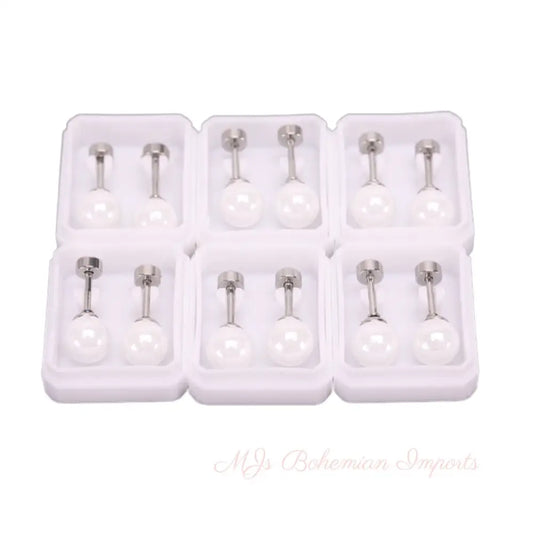 Silver Stainless Steel Pearl Stud 6 Pack