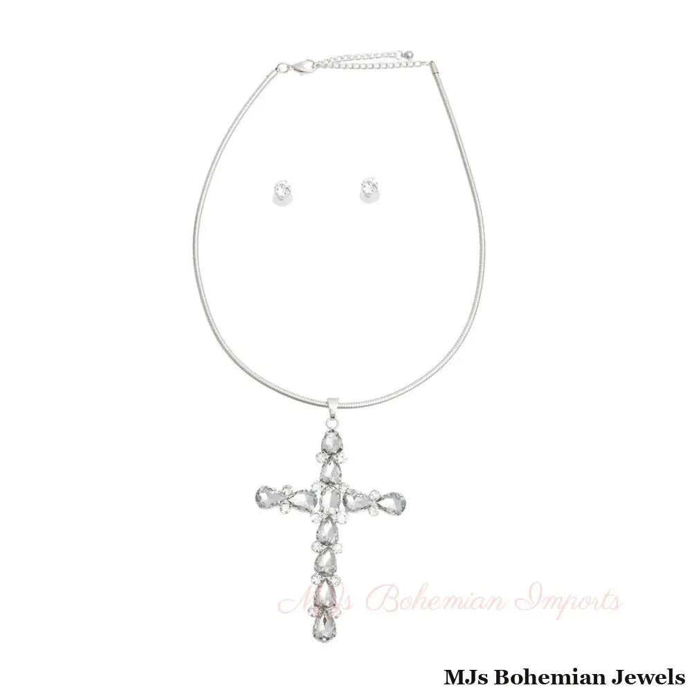Silver Teardrop Crystal Cross Necklace