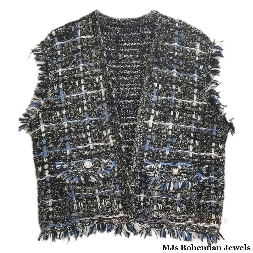 Silver Threaded Festive Tweed Black Vest for Women