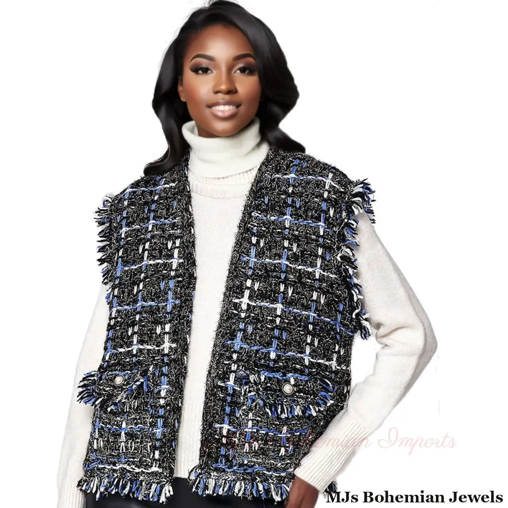 Silver Threaded Festive Tweed Black Vest for Women