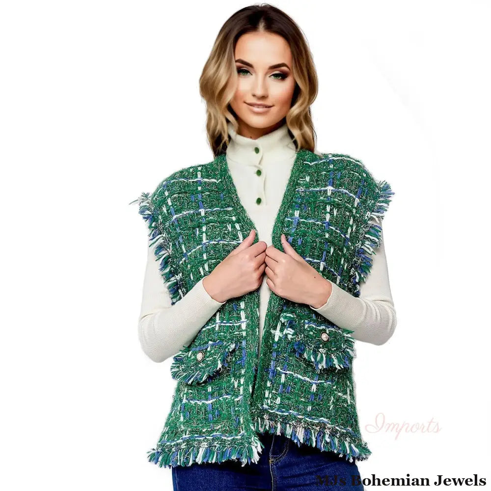 Silver Threaded Festive Tweed Green Vest for Women