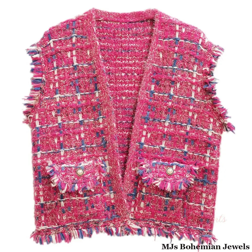 Silver Threaded Vest Plaid Tweed Pink Vest for Women