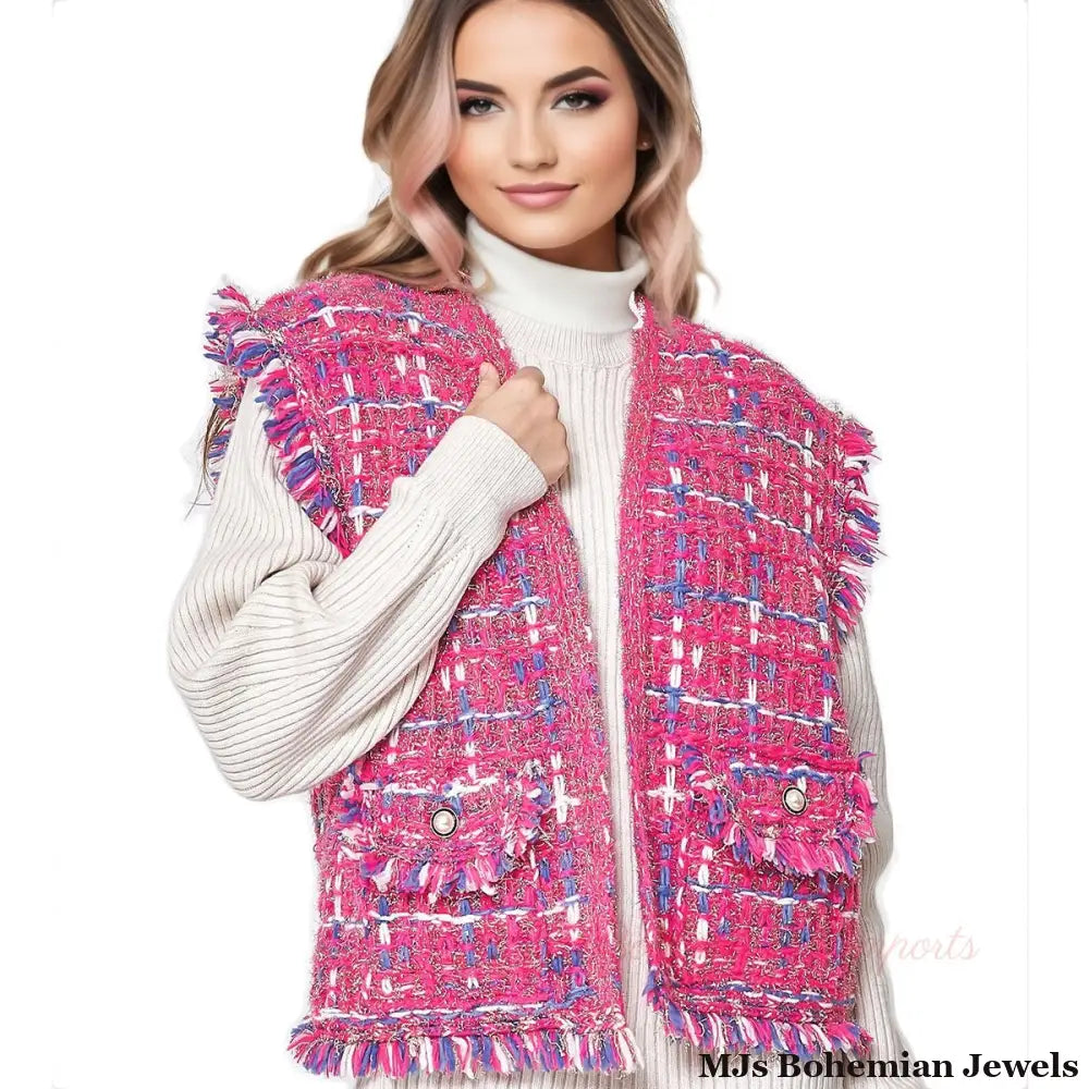 Silver Threaded Vest Plaid Tweed Pink Vest for Women