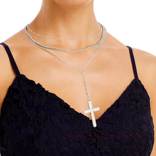 Silver Triple Chain Cross Set