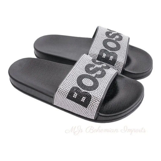 Size 10 Silver BOSS Black Slides