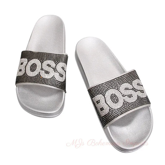 Size 11 Black BOSS Silver Slides