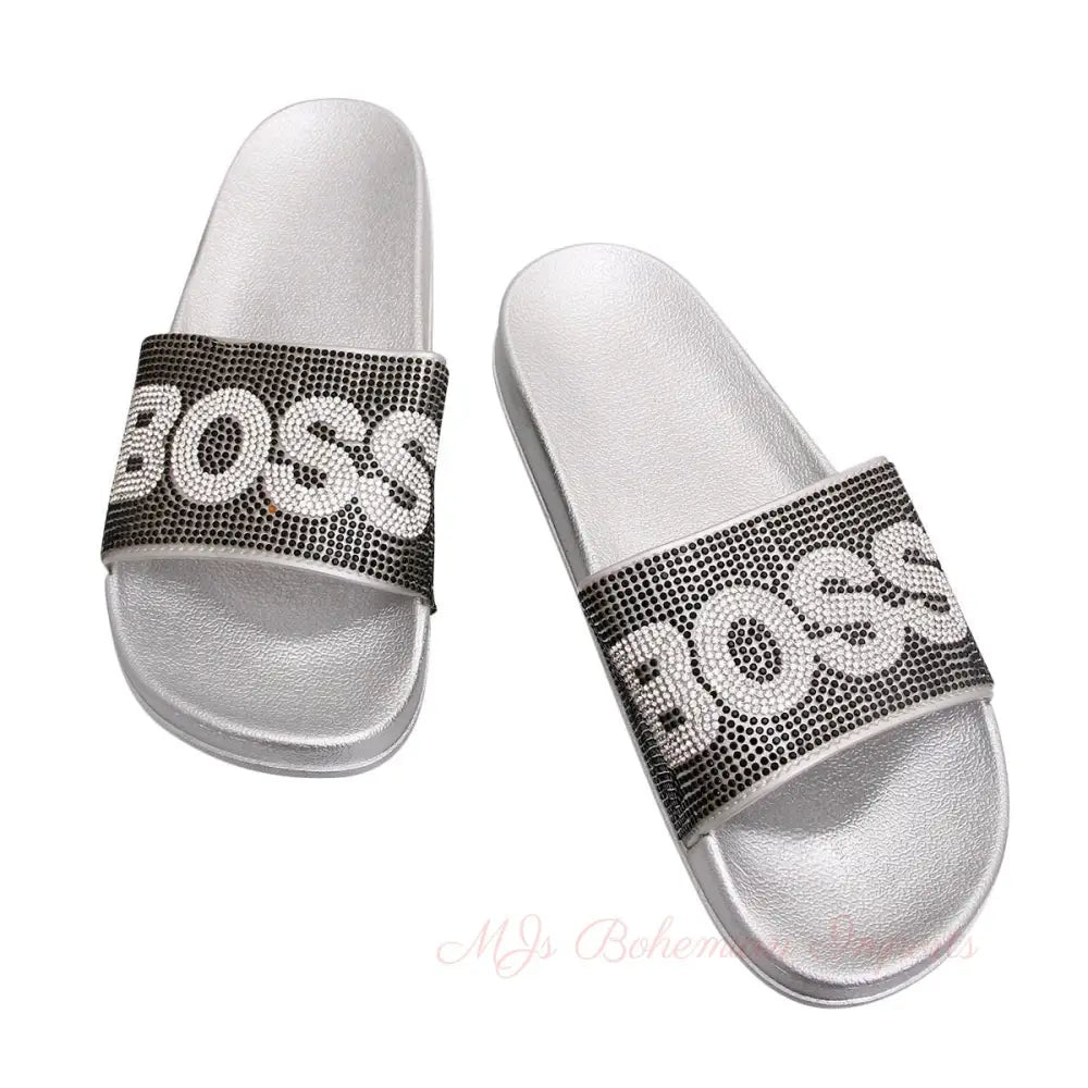 Size 12 Black BOSS Silver Slides