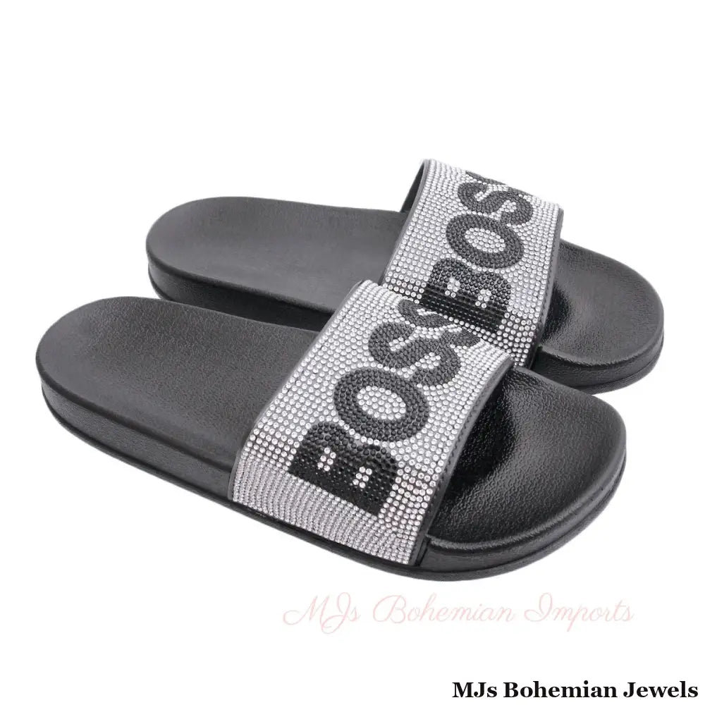Size 12 Silver BOSS Black Slides