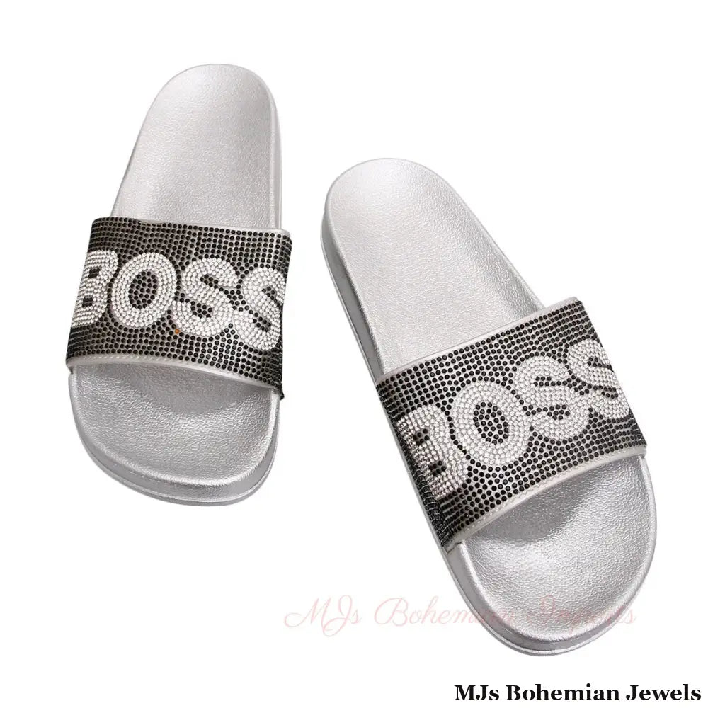 Size 7 Black BOSS Silver Slides