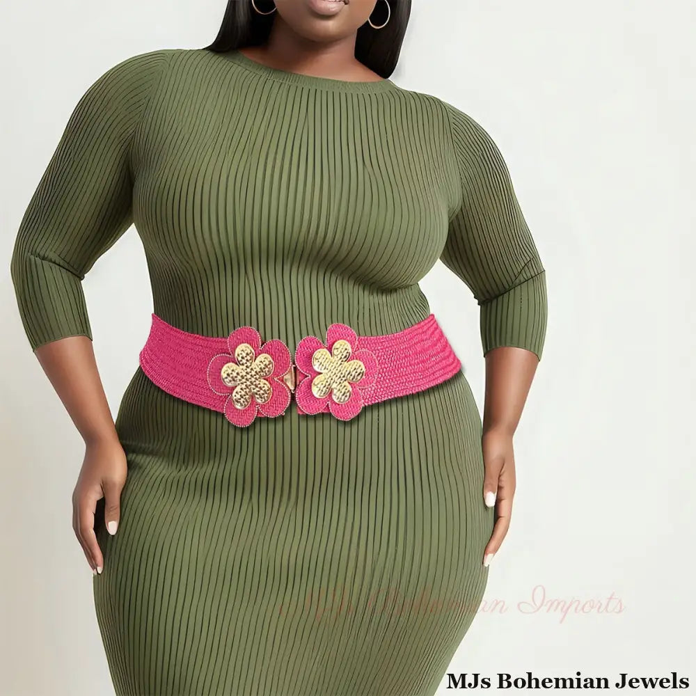 Stretch Belt Raffia Fuchsia Flower for Women