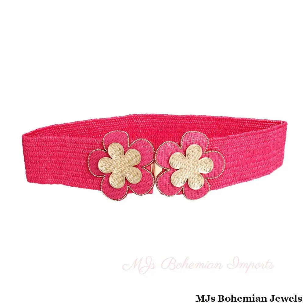 Stretch Belt Raffia Fuchsia Flower for Women