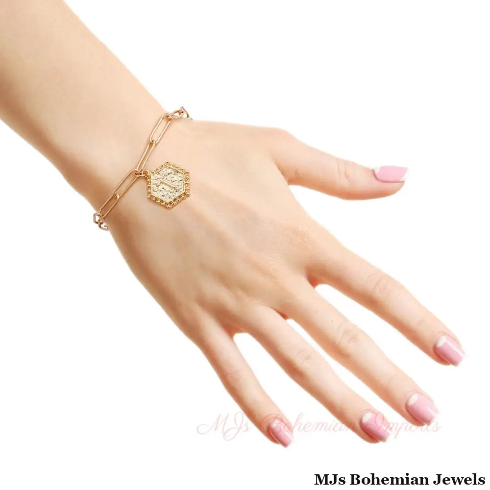 T Hexagon Initial Charm Bracelet